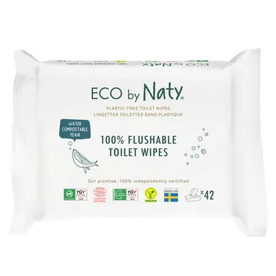 A package of ECO by Naty flushable toilet wipes on a white background.