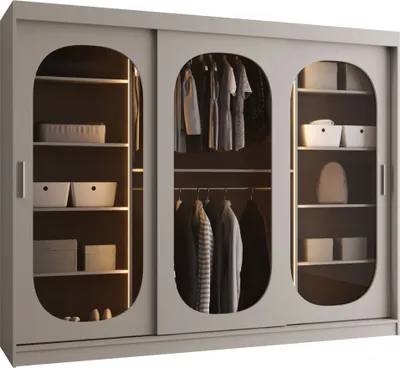 Produktbild von MIRJAN24 Kleiderschrank Bahrajn 250, Schwebetürenschrank, Garderobe (Farbe: Cashmere, Größe: 250 cm, mit Schubladen und mit Weisser LED Beleuchtung)