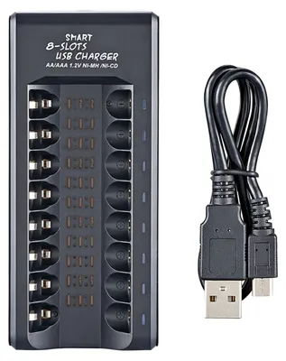 A black 8-slot USB battery charger with a USB cable is shown on a light gray background.