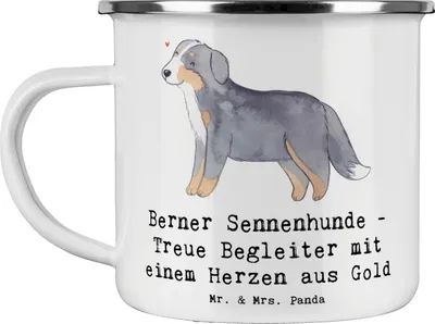 Produktbild von Mr. & Mrs. Panda Emaille Tasse Berner Sennenhund Herz - Weiß - Geschenk, Haferl, sanftmütiger Hund, Motivtasse, Hunde, Hunderassen, Eigenschaften, Pott, mit, Charakter