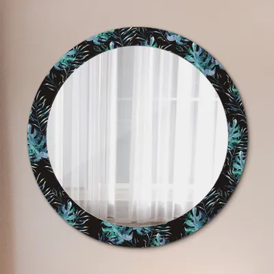 Produktbild von Ø80cm Spiegel - Glasrahmen mit Aufdruck - Wandspiegel Schlafzimmer - Exotisch Blätter