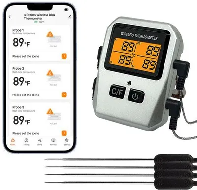 Produktbild von Digitale Grillthermometer mit 4 Messsonden - Bluetooth - App-fähig - Batterie nicht im Lieferumfang