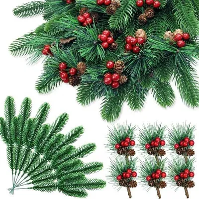 Produktbild von 24 kunstliche Tannendentakke mit Beeren und Tannäpfeln, Tannenzapfen, kunstliche Tannenzapfen, dekorative Tannenzweige für Weihnachtszeit, Christmas-Tannenzweige für Weihnachtskranz, Weihnachtsdekoration DIY.