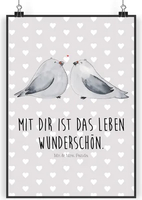 Produktbild von Mr. & Mrs. Panda Bild Turteltauben Liebe DIN A4 - Grau Pastell - Geschenk, wanddeko, Freundin, drucke, glücklich, Verlobt, Paar, Wandbild, Wandschmuck, Design Poster