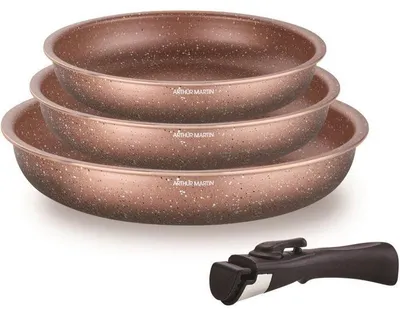 Immagine prodotto di Set di 3 padelle – Adatte a tutti i tipi di fornelli, inclusa l'induzione – ARTHUR MARTIN – AM9811 – Diametro 20, 24 e 28 cm + 1 manico removibile – Terracotta