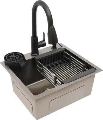 Immagine prodotto di Lavello da cucina - Vasca singola 45x40 cm - Acciaio inossidabile - Con rubinetteria - Rettangolare - 3 fori - Da appoggio