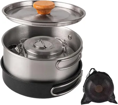 Produktbild von 3-teiliges Camping-Kochgeschirrset mit antihaftbeschichteten Töpfen aus rostfreiem Edelstahl für Outdoor-Aktivitäten, Wandern, Picknicks, Reisen und Pfannkuchen