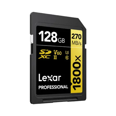 A Lexar Professional 128GB SDXC UHS-II memory card.