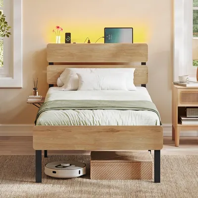 Image de Cadre de lit avec éclairage LED, modèle RMB102K01, dimensions 90 x 200 cm, ports USB-A et USB-C, couleur noir/bois naturel