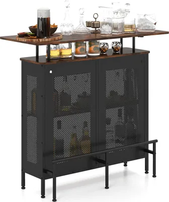 A bar cart with bottles and glasses on top, and storage cabinets below.