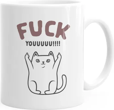 Produktbild von Kaffee-Tasse Becher Fuck Youuu! Schriftzug Katze-Motiv Mittelfinger Bürotasse MoonWorks® weiß Keramik-Tasse