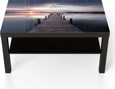 Produktbild von DEQORI Couchtisch 90x55 cm Schwarz 'Steg bei Sonnenuntergang' Glas Beistelltisch