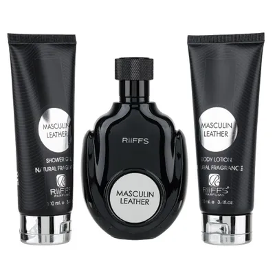 Produktbild von Riiffs Masculin Leather Geschenkset für Herren: Eau de Parfum 100 ml + Duschgel 100 ml + Bodylotion 100 ml