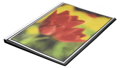 A black folder with a picture of a red tulip on the cover, shown at an angle on a white background.