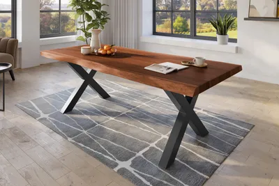 Produktbild von Baumkantentisch 240 x 120 cm Esstisch massiv Akazie Nussbaum X-Gestell Schwarz TITAN