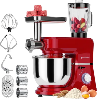 A red stand mixer with various attachments, including a meat grinder, blender, whisk, dough hook, and shredding discs. Ingredients like meat, berries, apples, flour, and eggs are also shown.