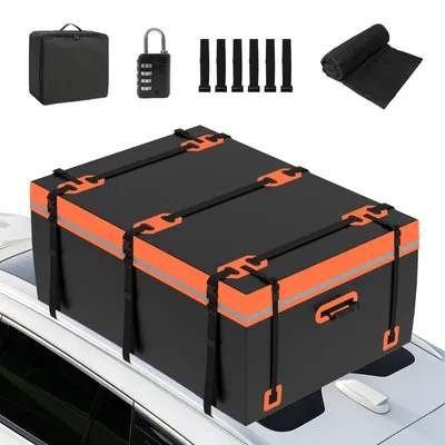 Produktbild von Puluomis Dachbox 410L faltbar wasserdicht mit Türhaken, Schloss, 8 robuste Gurte, rutschfeste Matte, 500D PVC für alle Fahrzeuge mit/ohne Dachträger