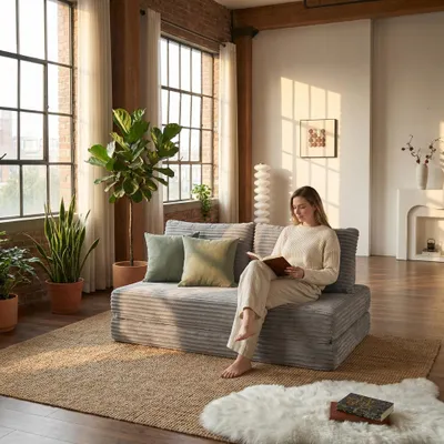 Produktbild von Skelettloses Sofabett hellgrau aus Satinstoff, montagefrei, für Wohn-, Arbeits- & Schlafzimmer