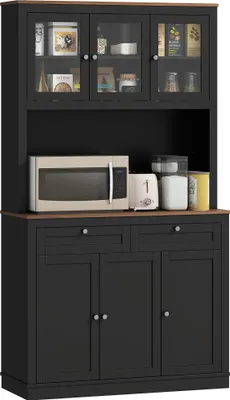 Image de HOMCOM Buffet haut cuisine, armoire de cuisine, vaisselier, 6 portes dont 3 en verre, 2 tiroirs, plan de travail, étagères réglables, meuble de rangement pour salon salle à manger, 100x40x180cm, noir