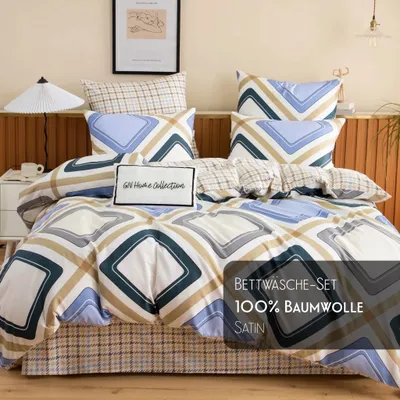 Produktbild von Bettwäsche Set mit Bettlaken, Lux Satin, 100% Baumwolle, 200x220 cm, Bettbezug mit Reißverschluss - Geometrie