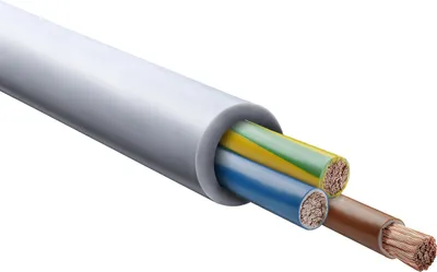 A close-up, studio shot of a white electrical cable with three internal wires exposed.