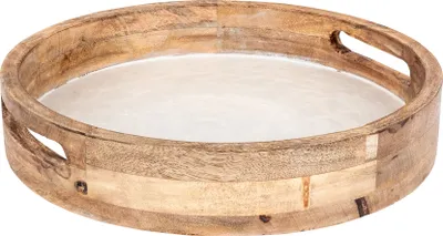 Produktbild von Tablett 35cm Rund Mango Holz Creme Perlmutt Emaille Ablage Serviertablett Deko