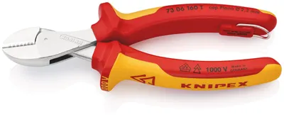 Produktbild von KNIPEX 73 06 160 T X-Cut® Kompakt-Seitenschneider isoliert mit Mehrkomponenten-Hüllen, VDE-; mit integrierter isolierter Befestigungsöse zum Anbringen einer Absturzsicherung verchromt 160 mm