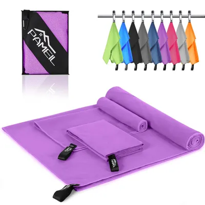 Zdjęcie produktu dla Zestaw 3 ręczników z mikrofibry Pameil (1 szt. duży ręcznik kąpielowy 160x80 cm + 2 szt. małe ręczniki 80x40 cm), szybkoschnące ręczniki z mikrofibry do podróży, fitnessu i sauny (fioletowe)