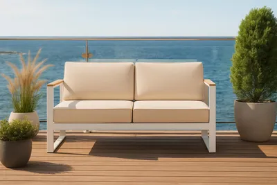 Produktbild von Couch für 2 Personen, Modell Casablanca, beige, mit Holzarmlehnen
