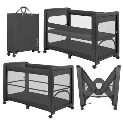 Produktbild von Lionelo Patty 4in1 Babybett, Beistellbett und Reisebett, höhenverstellbar, mit Matratze, Rollen und Transporttasche, 0–36 Monate - Grau