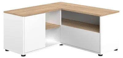 Zdjęcie produktu dla Narożna szafka pod telewizor z 2 drzwiami – wykończenie w kolorze dębu i bieli – szer. 90 x gł. 90 x wys. 45 cm – SYMBIOSYS