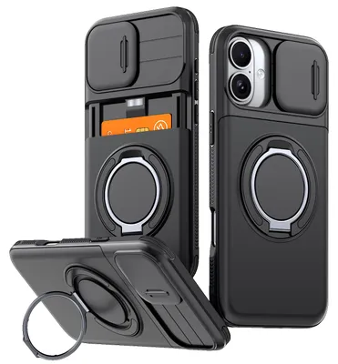 Image de Coque de téléphone avec compartiment pour cartes pour iPhone 15, cache-caméra coulissant, anneau et support, coque de protection antichoc, noire
