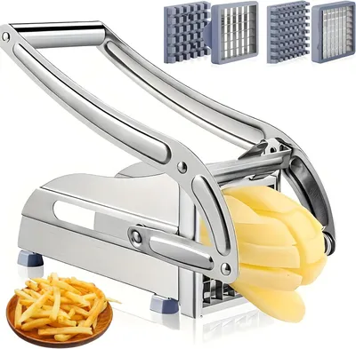 Produktbild von Pommes-Frites-Schneider – Kartoffelschneider – Für perfekte Pommes frites – Mit zwei verschiedenen Schneidebreiten – 26 x 11 cm – Silber