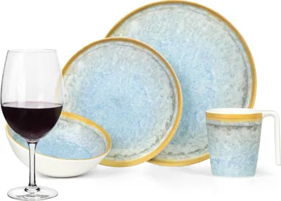 Image de Mélamine Vaisselle de camping Set 4 personnes Crystal Blue + 4 verres à vin rouge Tiamo Verres à vin rouge Vaisselle de pique-nique BBQ Vaisselle de cuisine