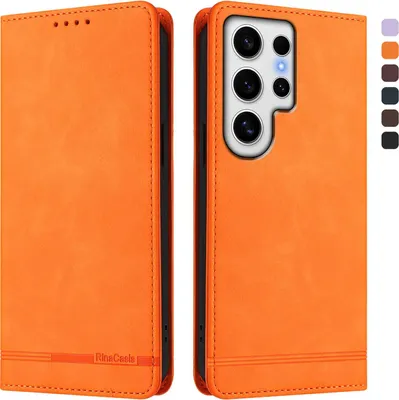 Produktbild von Hülle für Samsung Galaxy S24 Ultra, Retro Kunstleder Ständer Klapphülle mit Kartenfächer und Magnetische Orange