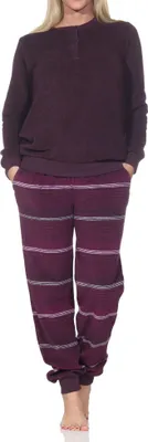 Produktbild von Normann Damen Frottee Schlafanzug lang mit Bündchen - Hose gestreift - auch in Übergrößen ; beere , 56