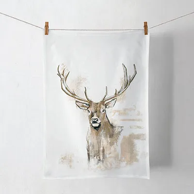 Produktbild von Küchentuch Baumwolle 50x70cm mit Hirsch Motiv Weiß / Braun