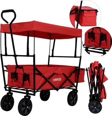 Produktbild von AREBOS Bollerwagen faltbar mit Dach | Handwagen | Transportwagen | Faltwagen | Gerätewagen inkl. 2 Netztaschen & Einer Außentasche | faltbar | Rot