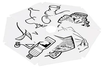 Produktbild von Piktogramm-Aufklebersatz 7-Fach |Wertstoffe, Papier, Restmüll, Glas, Metall, Biomüll, Putztücher | Schwarz-Weiß