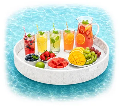 Produktbild von Relaxdays Schwimmendes Tablett, 2 in 1 Pooltablett für Getränke & Snacks, HD: ca. 20x80 cm, Rattan, unsinkbar, weiss