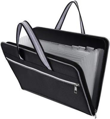 Produktbild von Unyqoos® Erweiterbare, wasserfeste Dokumentenmappe 35×28 cm – 13 Fächer, Oxford & transparente PVC-Taschen, Reißverschluss & Tragegriff, Schwarz
