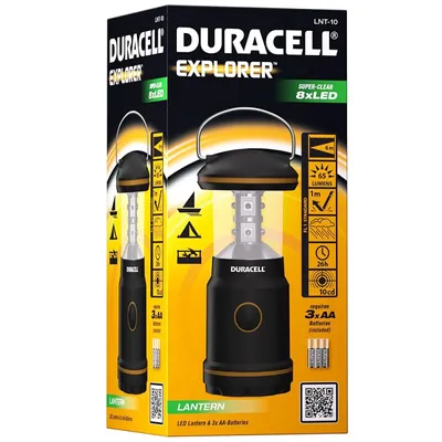 The image shows the retail packaging of a Duracell Explorer lantern.