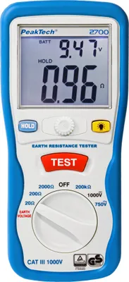 Produktbild von PeakTech P 2700 Digitales Erdungsmessgerät - Bodentester mit beleuchtetem Dual LCD-Display & 2 Erdungsstäben - Messgerät für AC/DC -