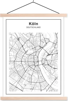 Produktbild von MuchoWow® Textilposter Stadtplan - Köln - Schwarz und weiß 40x53 cm mit holzfarbenen Rahmen - Schlafzimmer