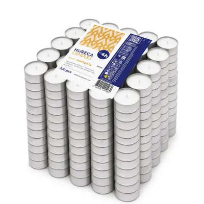Produktbild von Horeca Candles Teelichter 300 Stück – Weiß, 4h Brenndauer, Ohne Duft, Paraffinwachs – Deko Kerzen für Hochzeit, Party, Feiern