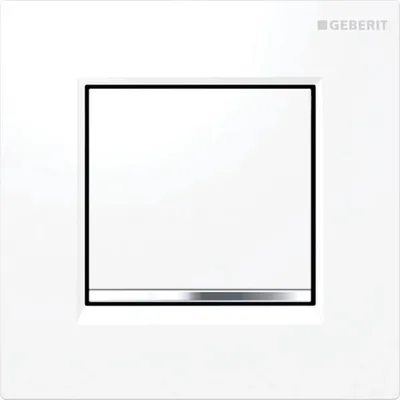 A white flush plate with a silver accent strip, likely for a urinal flush system.