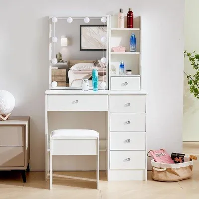 Productafbeelding van Kaptafel met Spiegel - Make-up Tafel Kapmeubel - Schoonheidsroutine Optimaliseren - Verstelbare LED Verlichting - 4 Laden - Wit