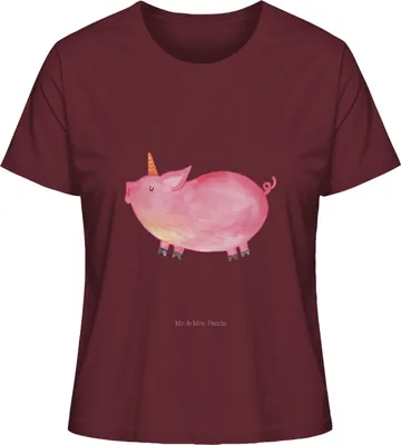 Produktbild von Mr. & Mrs. Panda Basic Shirt Damen Einhorn Schwein Größe M - Burgundy - Geschenk, Oberteil, Unicorn, Bauer, Jersey, Kurzarmshirt, Englisch, Spruch, T-Shirt, Einhörner