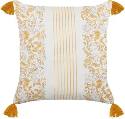 Produktbild von BELIANI Dekokissen Gelb und Weiß Baumwolle 45 x 45 cm Bezug mit Füllung Reißverschluss Quasten Blumenmuster Klassisch Wohnzimmer Schlafzimmer Deko