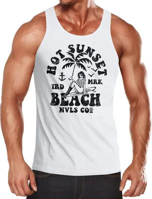 Produktbild von Herren Tank-Top Hot Sunset Beach Surfbord Sommer Urlaub Muskelshirt Muscle Shirt Neverless® weiß L
